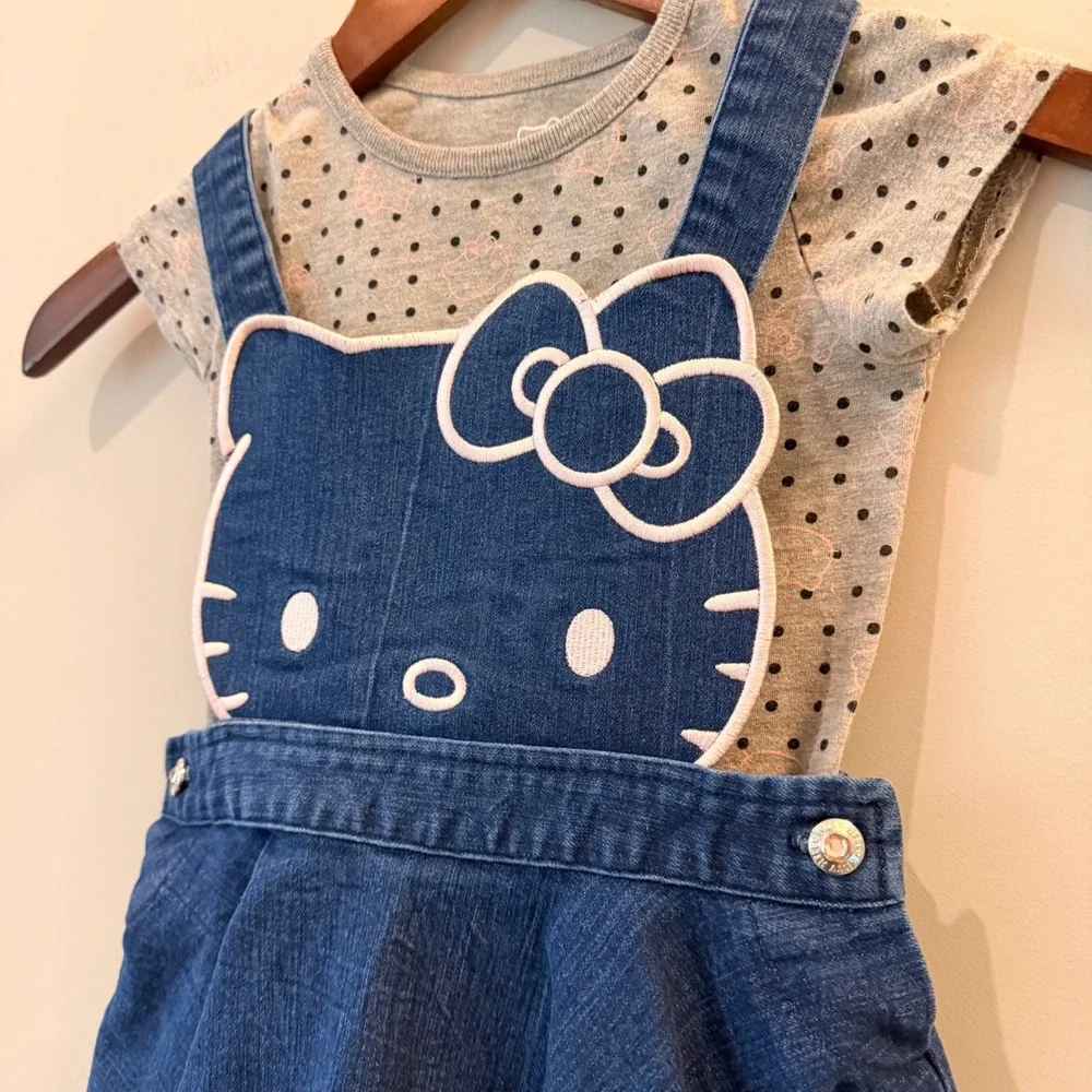 Hello Kitty Sanrio Denim 2 Piece Dress Set Embroidered Blue Grey Polka Dot 5 EUC